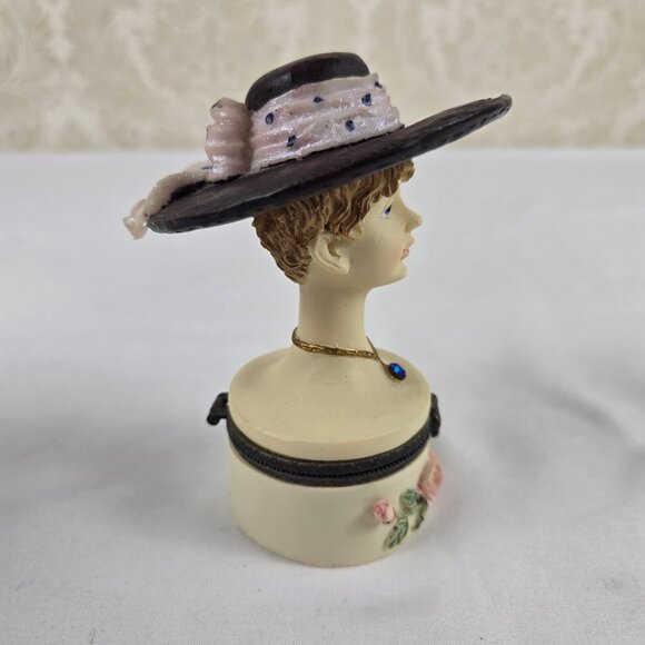 Set of 2 Trinket Boxes Ladies Wearing Hats Floral Accents on Base Resin Crystal - Picture 14 of 16